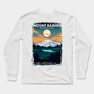 Mount Rainier National Park Vintage Minimal Retro Travel Poster at Night Long Sleeve T-Shirt